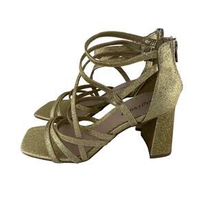 Zigisoho Gold Sparkle Strappy Block Heel Sandal Zip Up Square Toe Size 7 NWOB